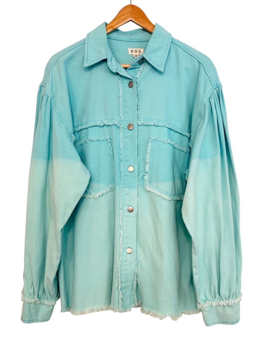 POL Aqua Cotton Shacket Medium Oversized Raw Edge Frayed Button Front Boho